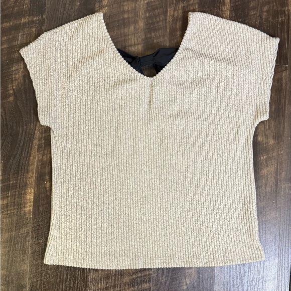 Women's Oatmeal Ribbed Top with Black Bow - Picture 2 of 5